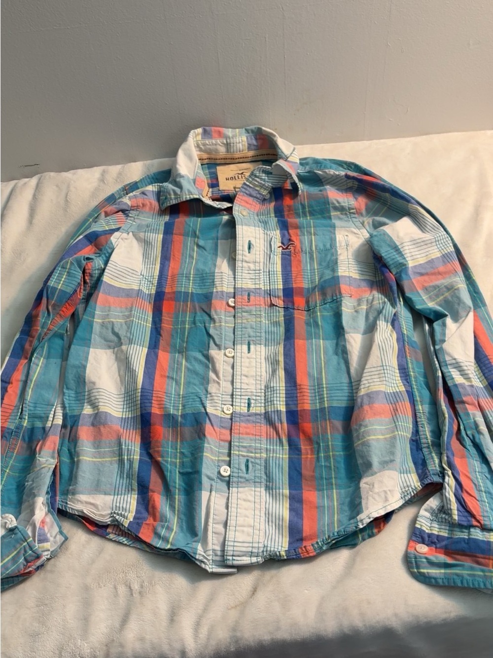 y2k Hollister Men's Teal Plaid Button-Down Shirt
